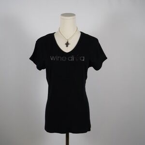 Wine Diva Rhinestone V Neck Black T Shirt Top Womens Large Made in USA